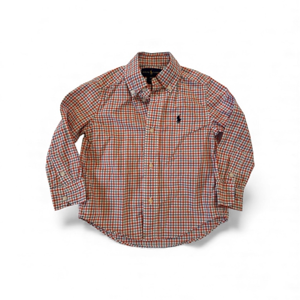 Ralph Lauren Plaid Check Gingham Button Polo Long Sleeve Shirt 2/2T orange blue